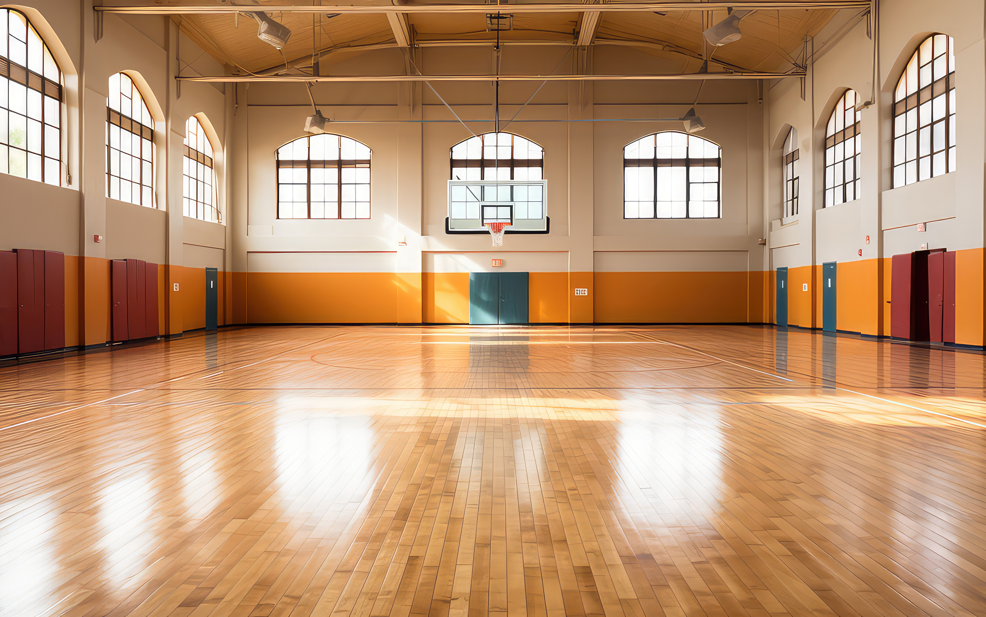 Leere Sporthalle mit Blick auf den Basketballkorb